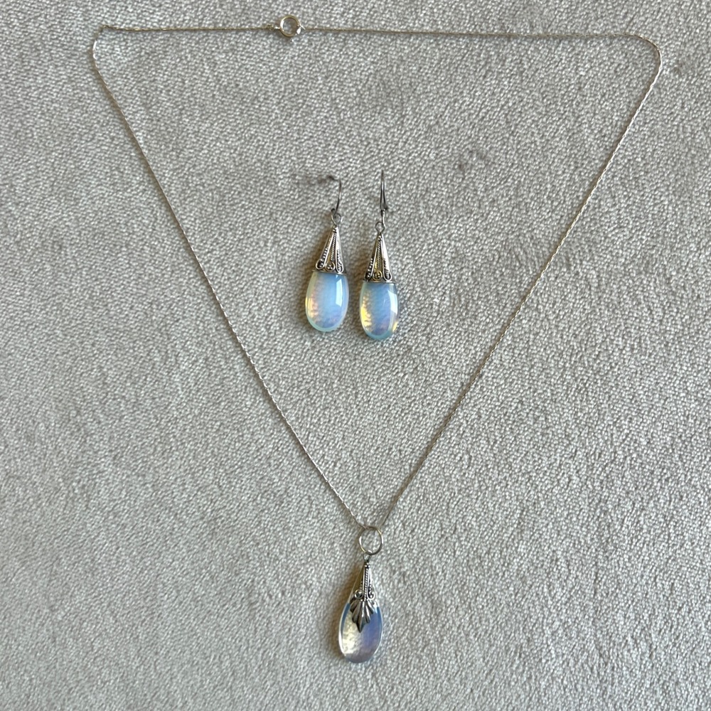 925 Sterling Silver Opalite Teardrop Necklace and Earrings Jewelry Set 18"